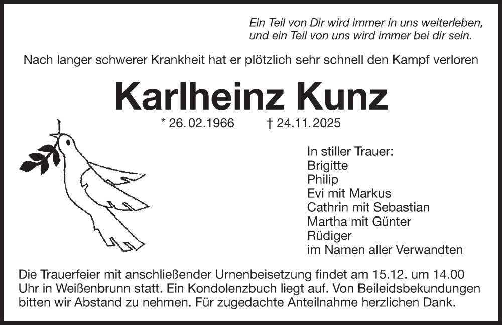  Traueranzeige für Karlheinz Kunz vom 06.12.2025 aus Der Bote
