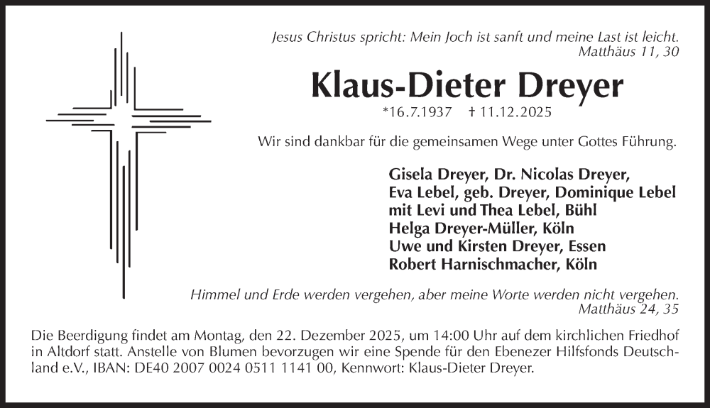  Traueranzeige für Klaus-Dieter Dreyer vom 16.12.2025 aus Der Bote