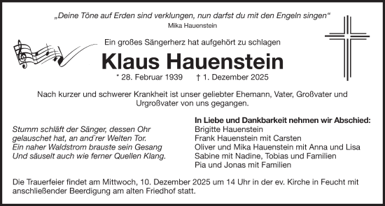 Traueranzeige von Klaus Hauenstein von Der Bote