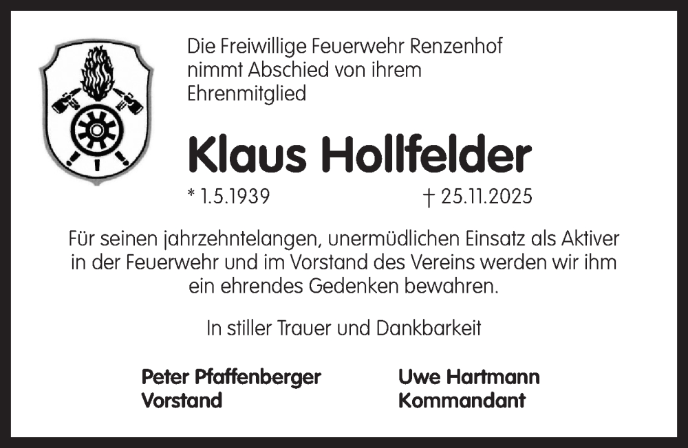  Traueranzeige für Klaus Hollfelder vom 13.12.2025 aus Pegnitz-Zeitung