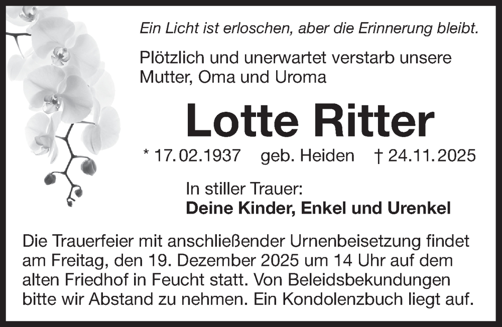  Traueranzeige für Lotte Ritter vom 06.12.2025 aus Der Bote