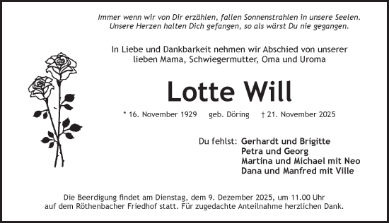 Traueranzeige von Lotte Will von Pegnitz-Zeitung