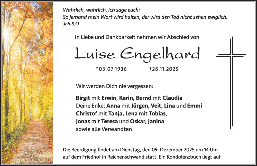  Traueranzeige für Luise Engelhard vom 06.12.2025 aus Hersbrucker Zeitung Lokal