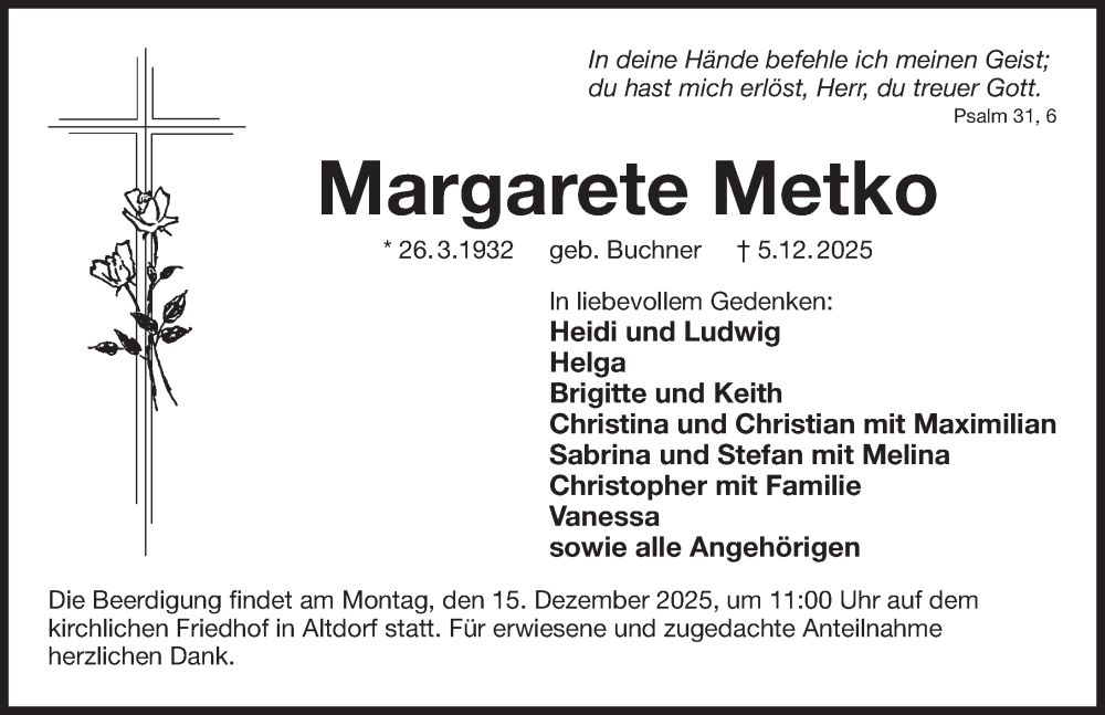  Traueranzeige für Margarete Metko vom 10.12.2025 aus Der Bote