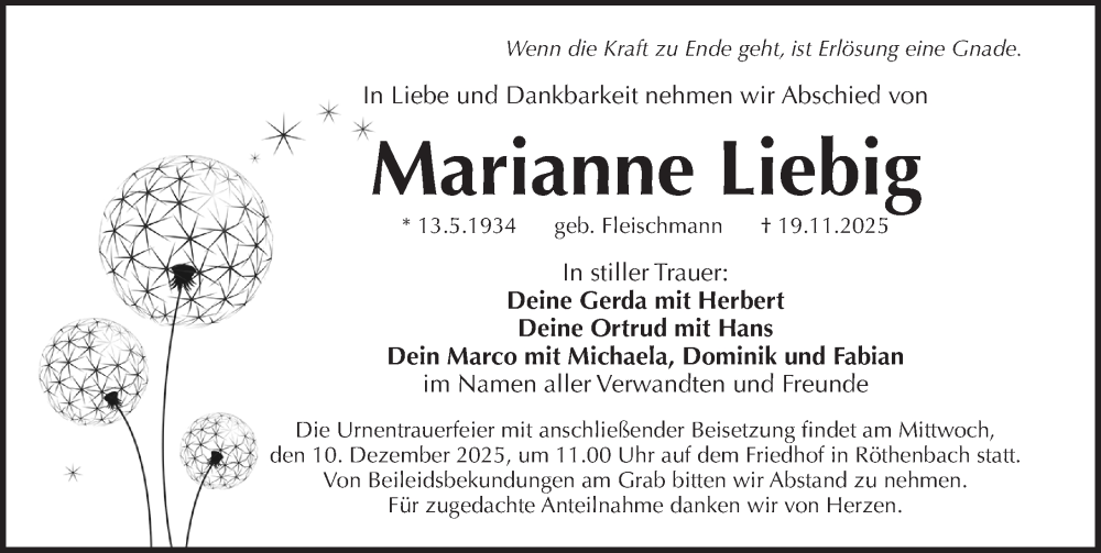  Traueranzeige für Marianne Liebig vom 06.12.2025 aus Pegnitz-Zeitung