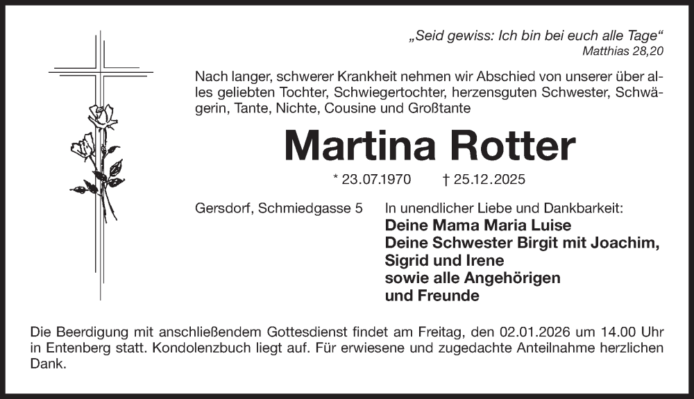  Traueranzeige für Martina Rotter vom 31.12.2025 aus Der Bote