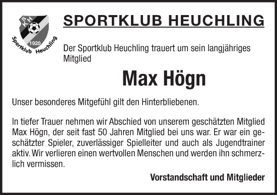Traueranzeige von Max Högn von Pegnitz-Zeitung