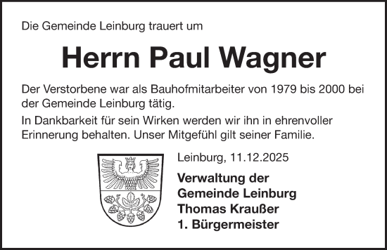 Traueranzeige von Paul Wagner von Der Bote