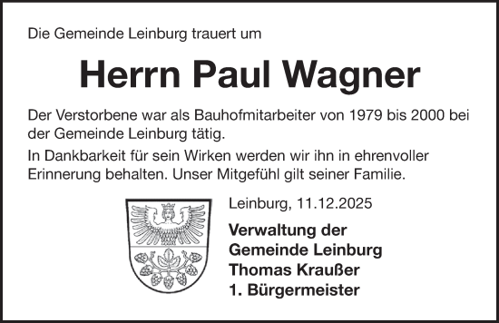 Traueranzeige von Paul Wagner von Pegnitz-Zeitung