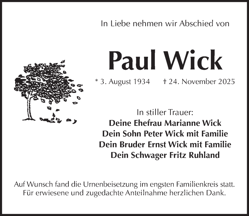  Traueranzeige für Paul Wick vom 20.12.2025 aus Pegnitz-Zeitung