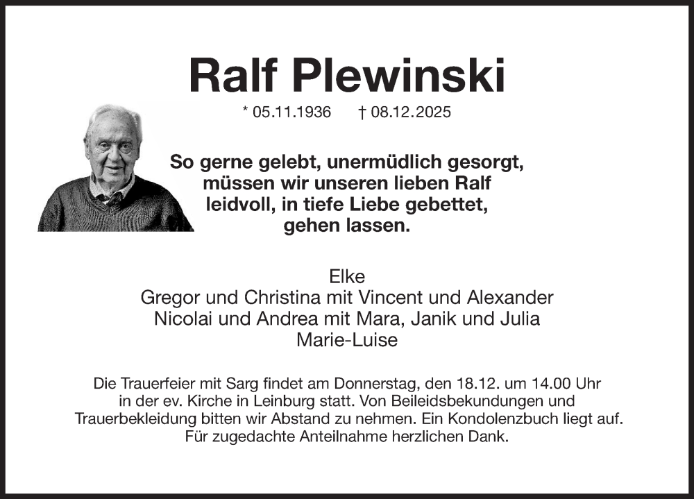  Traueranzeige für Ralf Plewinski vom 13.12.2025 aus Pegnitz-Zeitung