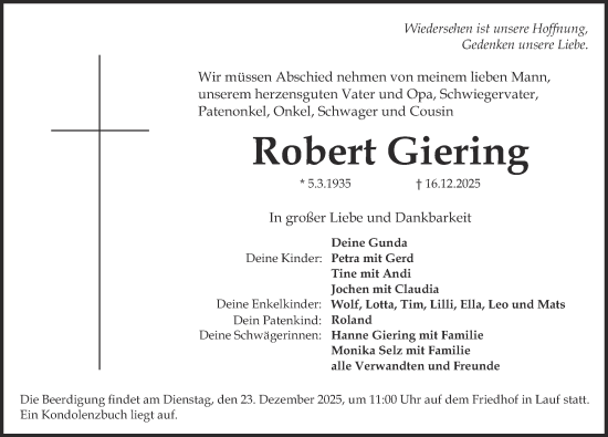 Traueranzeige von Robert Giering von Pegnitz-Zeitung