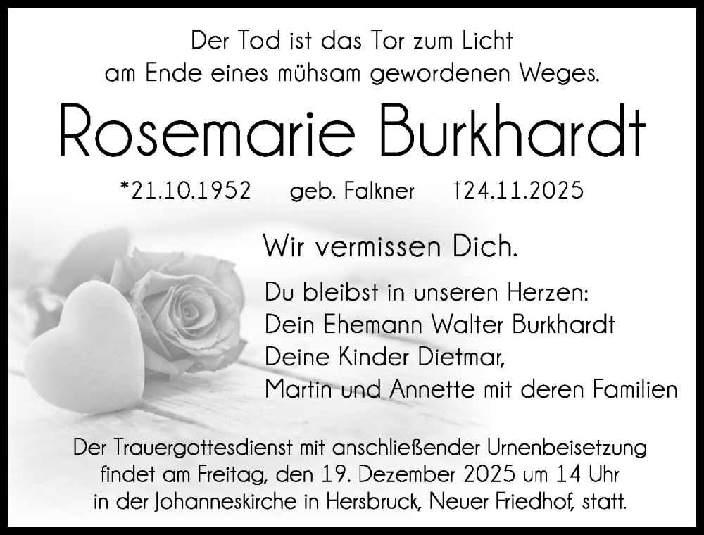  Traueranzeige für Rosemarie Burkhardt vom 13.12.2025 aus Hersbrucker Zeitung Lokal