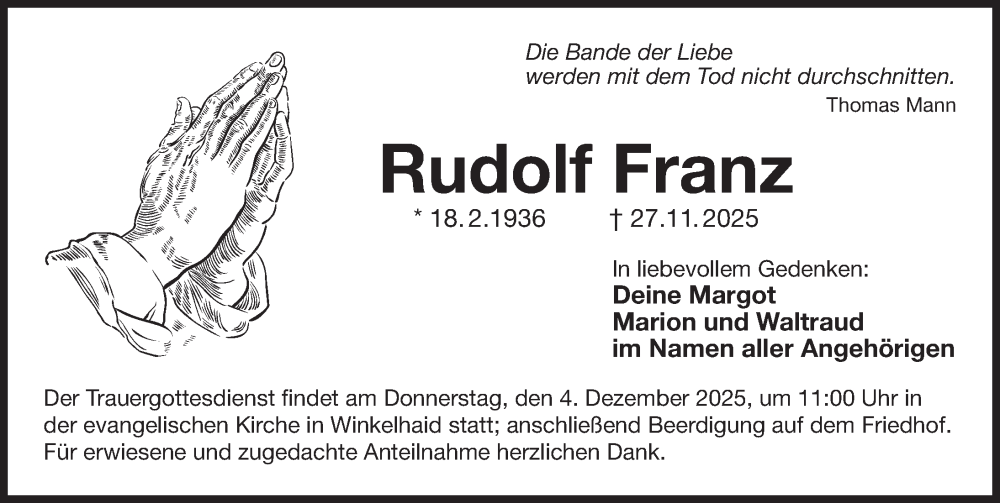  Traueranzeige für Rudolf Franz vom 02.12.2025 aus Der Bote