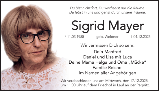 Traueranzeige von Sigrid Mayer von Pegnitz-Zeitung