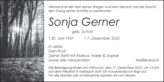 Traueranzeige von Sonja Gerner von Pegnitz-Zeitung