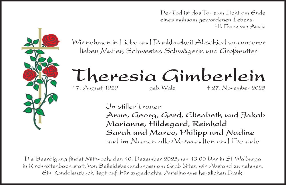  Traueranzeige für Theresia Gimberlein vom 06.12.2025 aus Pegnitz-Zeitung