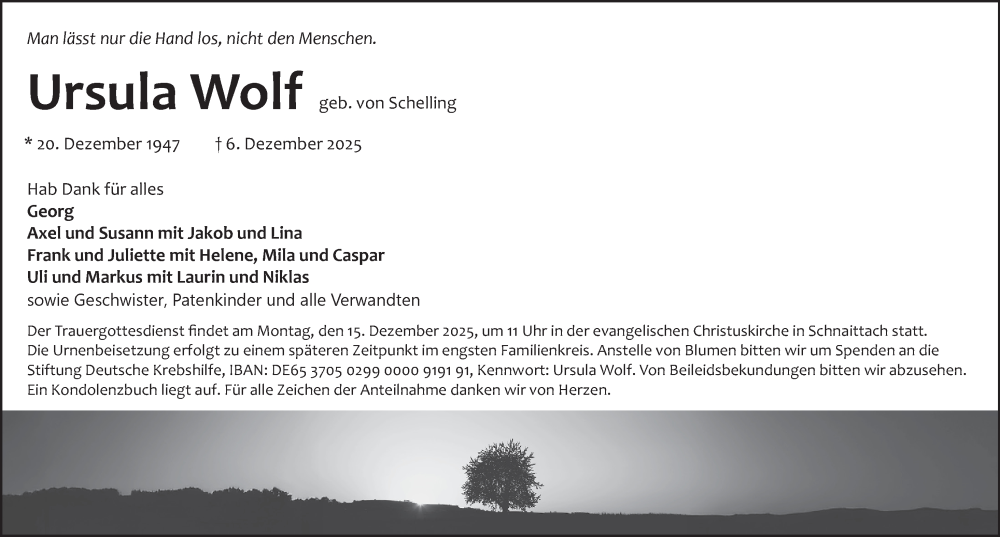  Traueranzeige für Ursula Wolf vom 10.12.2025 aus Pegnitz-Zeitung