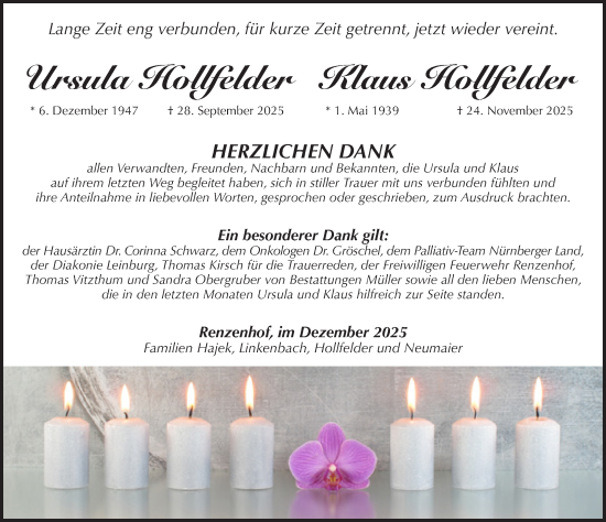 Traueranzeige von Ursula und Klaus Hollfelder von Pegnitz-Zeitung