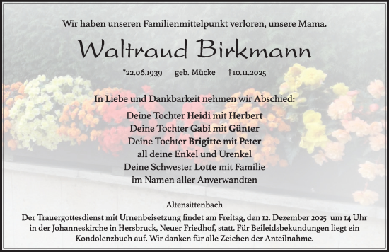 Traueranzeige von Waltraud Birkmann von Hersbrucker Zeitung Lokal