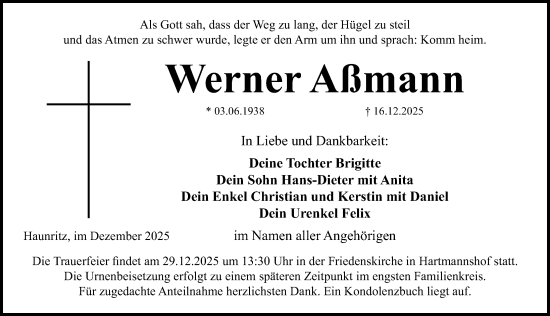 Traueranzeige von Werner Aßmann von Hersbrucker Zeitung Lokal