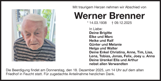 Traueranzeige von Werner Brenner von Der Bote