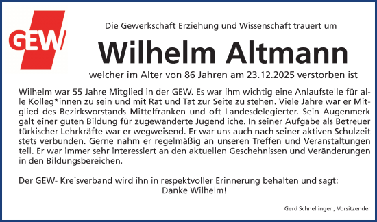 Traueranzeige von Wilhelm Altmann von Hersbrucker Zeitung Lokal