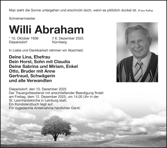 Traueranzeige von Willi Abraham von Pegnitz-Zeitung
