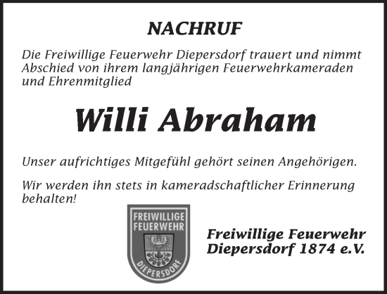 Traueranzeige von Willi Abraham von Pegnitz-Zeitung