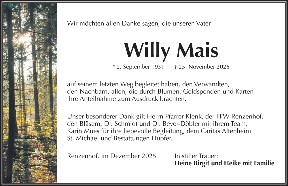  Traueranzeige für Willy Mais vom 13.12.2025 aus Pegnitz-Zeitung