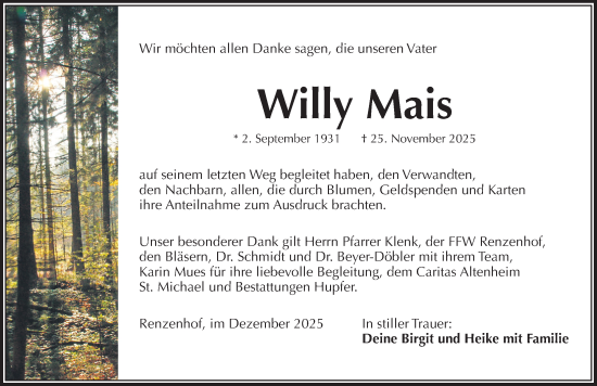 Traueranzeige von Willy Mais von Pegnitz-Zeitung