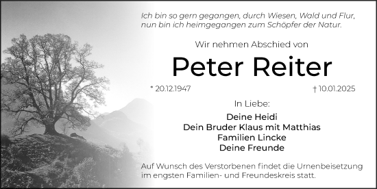 Traueranzeige von Peter Reiter von Hersbrucker Zeitung