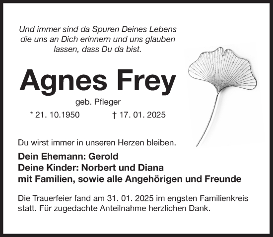 Traueranzeige von Agnes Frey von Der Bote
