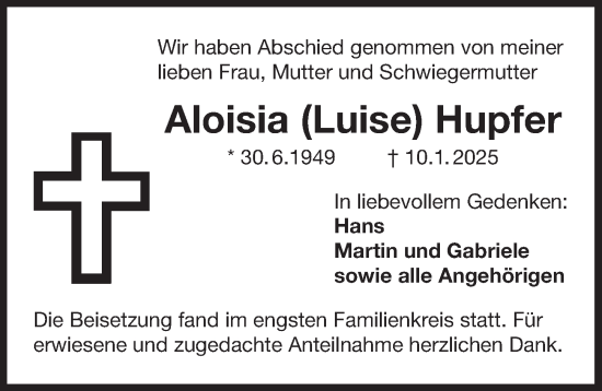 Traueranzeige von Aloisia Hupfer von Der Bote