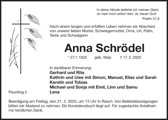 Traueranzeige von Anna Schrödel von Der Bote