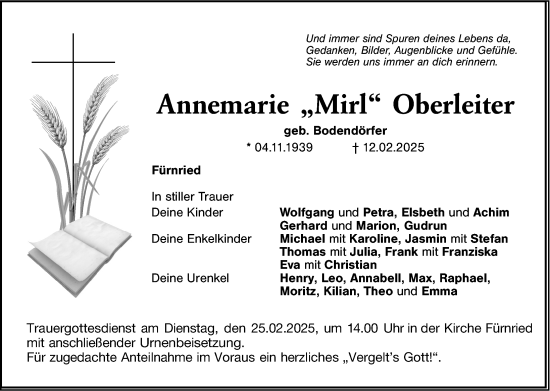 Traueranzeige von Annemarie Oberleiter von Hersbrucker Zeitung Lokal