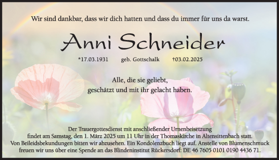 Traueranzeige von Anni Schneider von Hersbrucker Zeitung Lokal