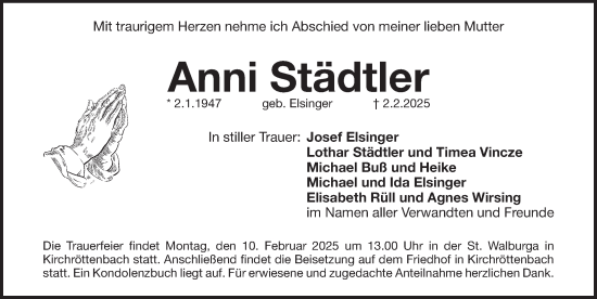 Traueranzeige von Anni Städtler von Pegnitz-Zeitung
