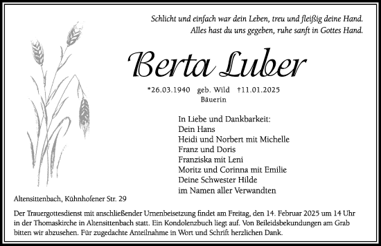 Traueranzeige von Berta Luber von Hersbrucker Zeitung Lokal