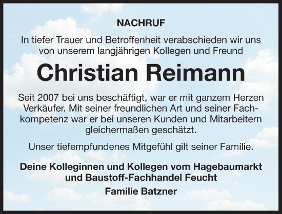 Traueranzeige von Christian Reimann von Der Bote