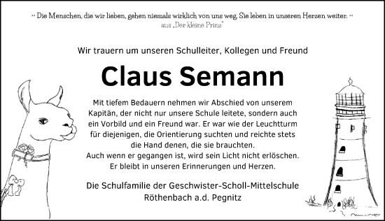 Traueranzeige von Claus Semann von Hersbrucker Zeitung Lokal