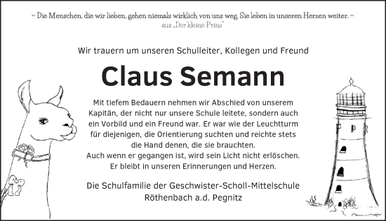 Traueranzeige von Claus Semann von Pegnitz-Zeitung