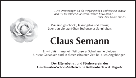Traueranzeige von Claus Semann von Pegnitz-Zeitung