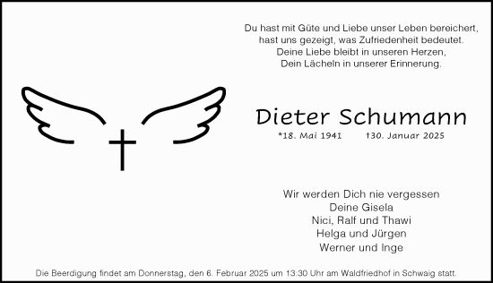 Traueranzeige von Dieter Schumann von Pegnitz-Zeitung