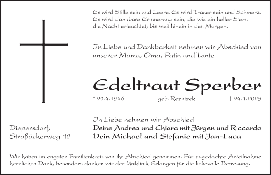 Traueranzeige von Edeltraut Sperber von Pegnitz-Zeitung