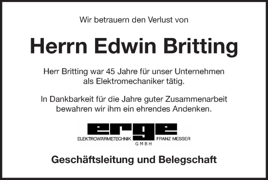 Traueranzeige von Edwin Britting von Pegnitz-Zeitung