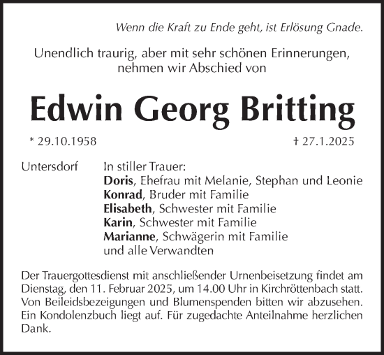 Traueranzeige von Edwin Georg Britting von Pegnitz-Zeitung