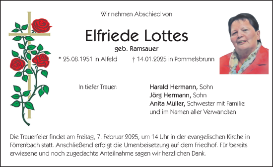 Traueranzeige von Elfriede Lottes von Hersbrucker Zeitung Lokal