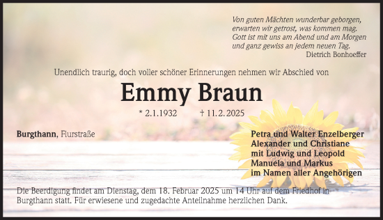 Traueranzeige von Emmy Braun von Der Bote