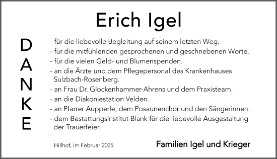 Traueranzeige von Erich Igel von Hersbrucker Zeitung Lokal